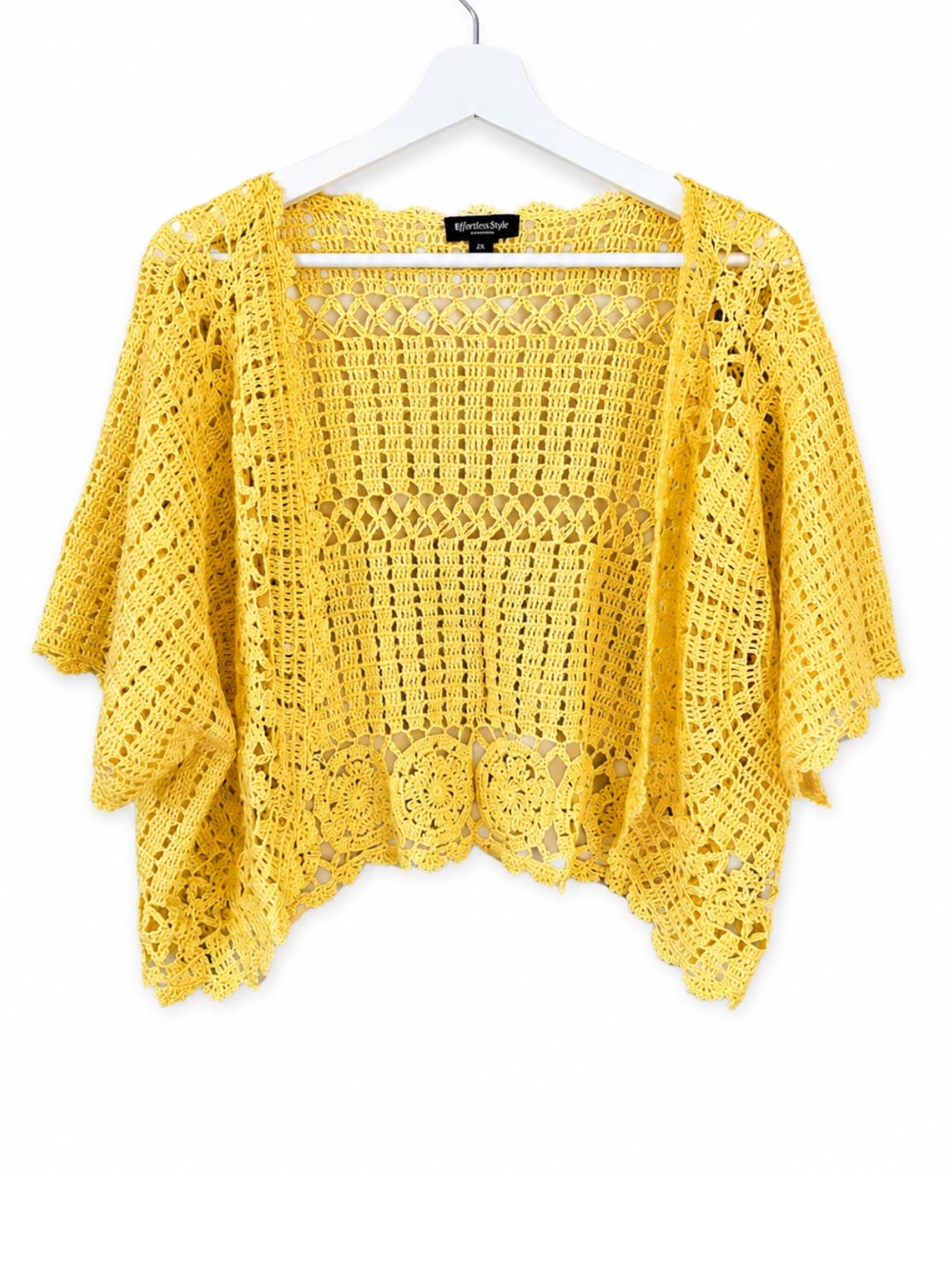 Crochet Open Cardigan in Sunny Yellow Size 2X Summer Cottagecore Boho Ramie